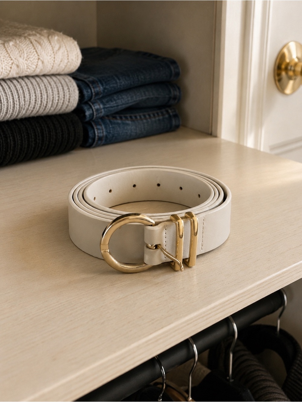 Women's Cream Leather Belt with Gold Buckle